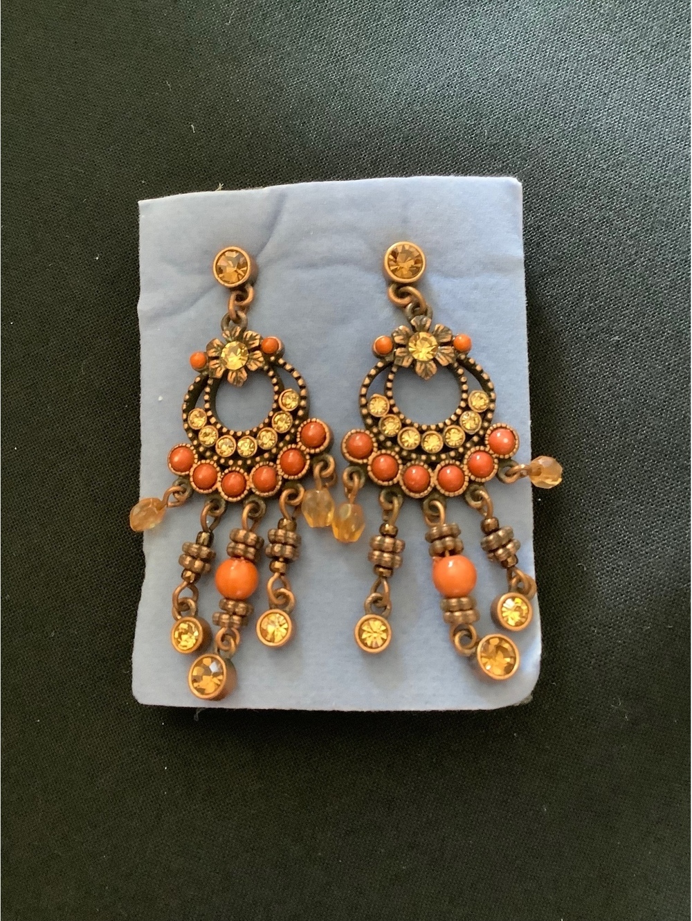 Vintage Avon Earthtone Fringe Pierced Earrings Coral Rhinestone Dangle Box